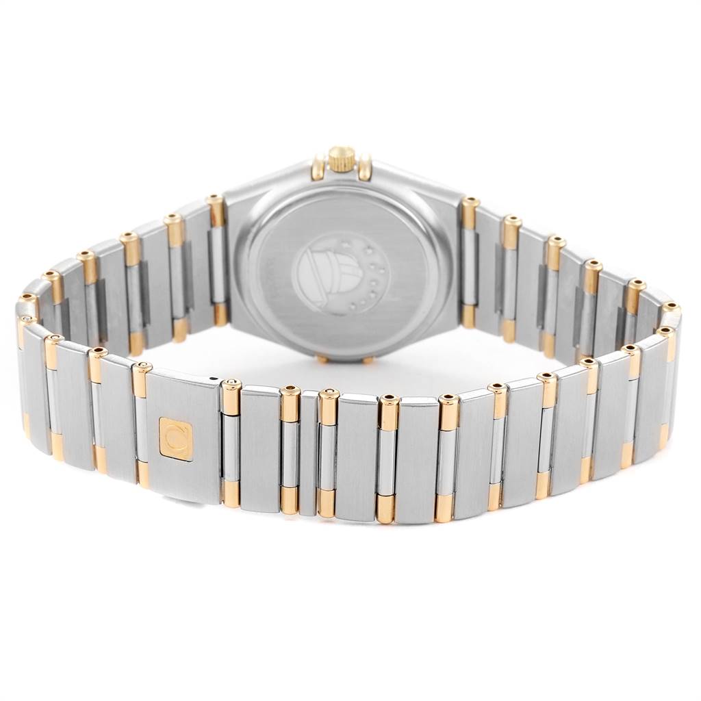 The image shows the back view and band of the Omega 1377.75.00 Women's Steel and Gold (two tone) Mother of Pearl Dial 1377.75.00 Women's Steel and Gold (two tone) Mother of Pearl Dial Constellation My Choice Steel Yellow Gold Diamond Watch 1377.75.00.