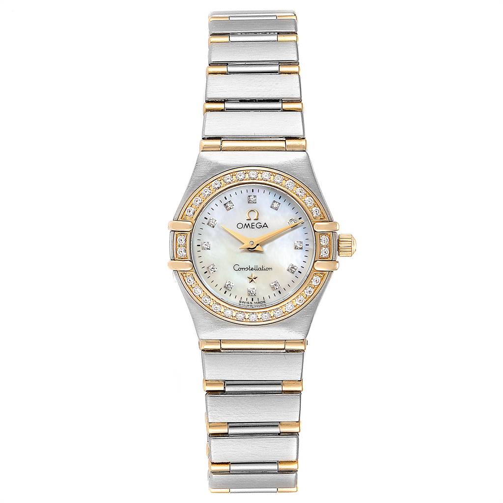 This image shows the Omega 1267.75.00 Women's Steel and Gold (two tone) Mother of Pearl Dial 1267.75.00 Women's Steel and Gold (two tone) Mother of Pearl Dial Constellation MOP Diamond Ladies Watch 1267.75.00 from a front angle, featuring the dial, bezel, and bracelet.