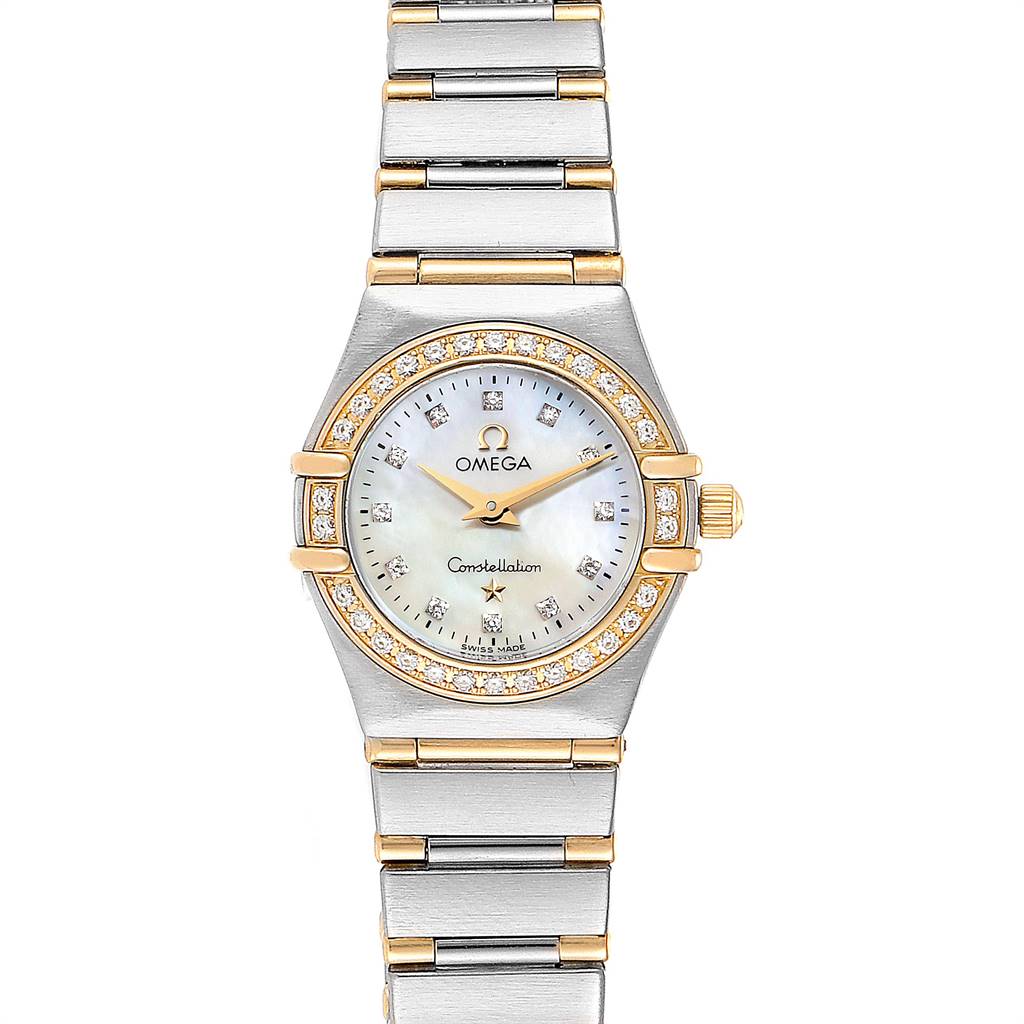 The image shows a front view of the Omega 1267.75.00 Women's Steel and Gold (two tone) Mother of Pearl Dial 1267.75.00 Women's Steel and Gold (two tone) Mother of Pearl Dial Constellation MOP Diamond Ladies Watch 1267.75.00 with its bracelet and face visible.