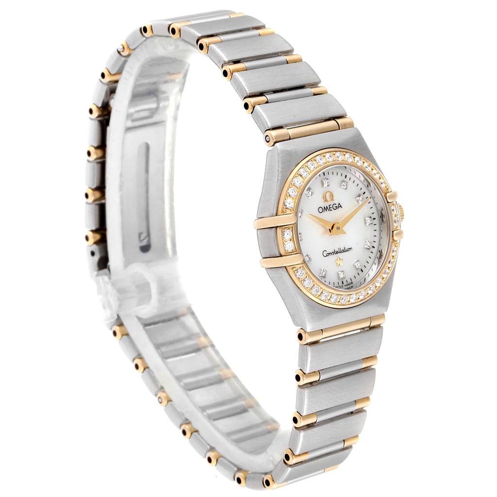The image shows an angled side view of the Omega 1267.75.00 Women's Steel and Gold (two tone) Mother of Pearl Dial 1267.75.00 Women's Steel and Gold (two tone) Mother of Pearl Dial Constellation MOP Diamond Ladies Watch 1267.75.00, highlighting the bracelet and watch face.