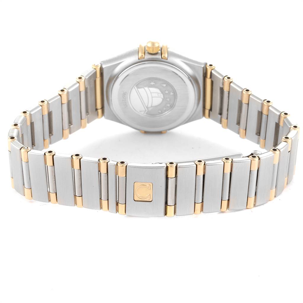 The image shows the back of the Omega 1267.75.00 Women's Steel and Gold (two tone) Mother of Pearl Dial 1267.75.00 Women's Steel and Gold (two tone) Mother of Pearl Dial Constellation MOP Diamond Ladies Watch 1267.75.00, highlighting the clasp and bracelet.