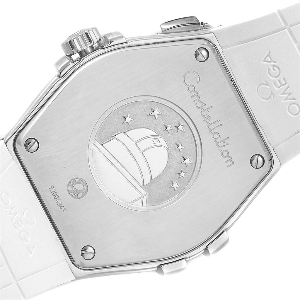 This image shows the case back of the Omega 123.12.35.60.52.001 Women's Stainless Steel Mother of Pearl Dial 123.12.35.60.52.001 Women's Stainless Steel Mother of Pearl Dial Constellation Diamond Ladies Watch model 123.12.35.60.52.001.
