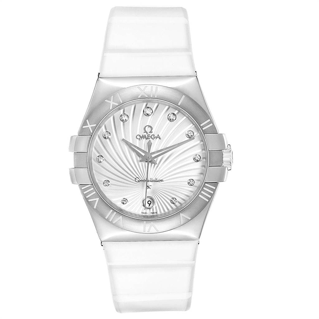 The image shows a front view of the Omega 123.12.35.60.52.001 Women's Stainless Steel Mother of Pearl Dial 123.12.35.60.52.001 Women's Stainless Steel Mother of Pearl Dial Constellation Diamond Ladies Watch 123.12.35.60.52.001 with a white strap.