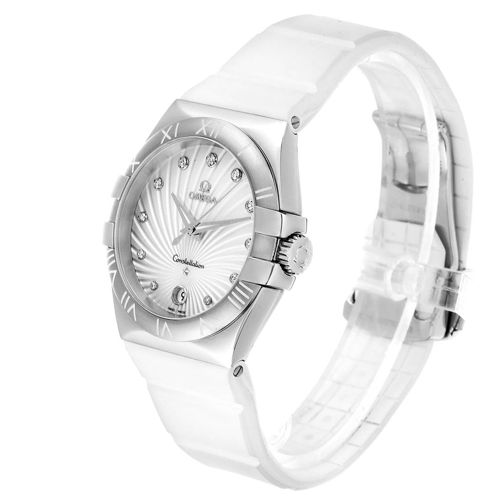 This image shows a side angle of an Omega 123.12.35.60.52.001 Women's Stainless Steel Mother of Pearl Dial 123.12.35.60.52.001 Women's Stainless Steel Mother of Pearl Dial Constellation Diamond Ladies Watch 123.12.35.60.52.001 with its face, bezel, and strap clearly visible.