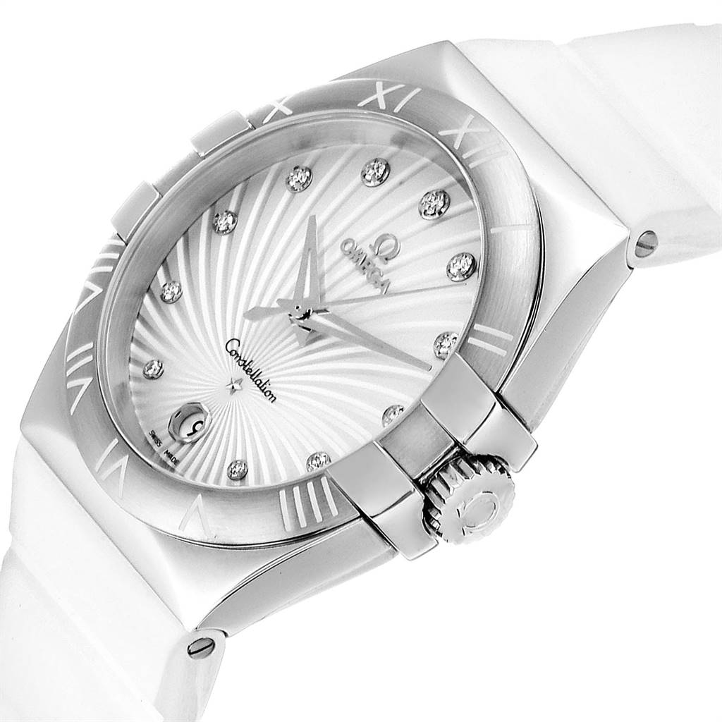 The Omega 123.12.35.60.52.001 Women's Stainless Steel Mother of Pearl Dial 123.12.35.60.52.001 Women's Stainless Steel Mother of Pearl Dial Constellation Diamond Ladies Watch 123.12.35.60.52.001 is shown from an angled close-up showcasing the dial, crown, and strap.