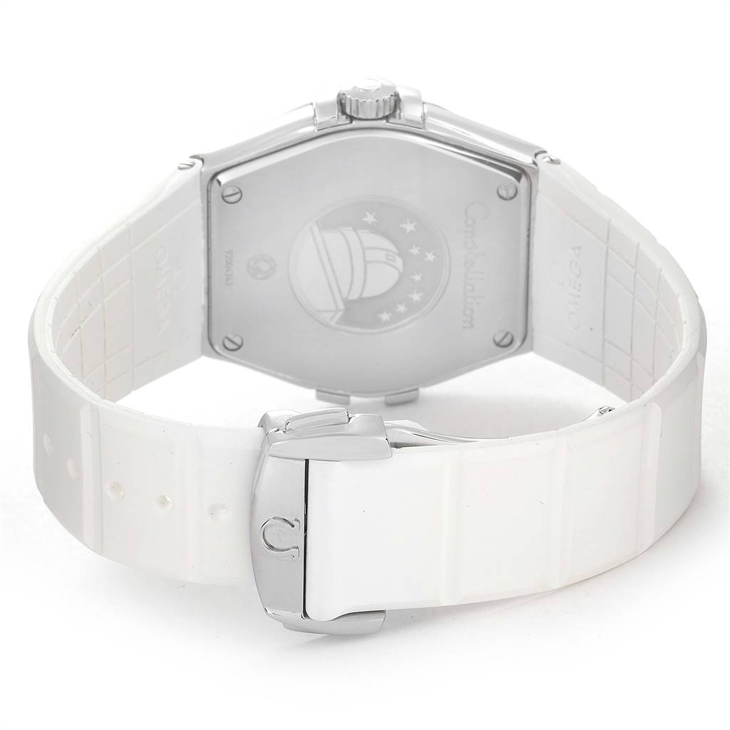 The image shows the back case and clasp of an Omega 123.12.35.60.52.001 Women's Stainless Steel Mother of Pearl Dial 123.12.35.60.52.001 Women's Stainless Steel Mother of Pearl Dial Constellation Diamond Ladies Watch 123.12.35.60.52.001.