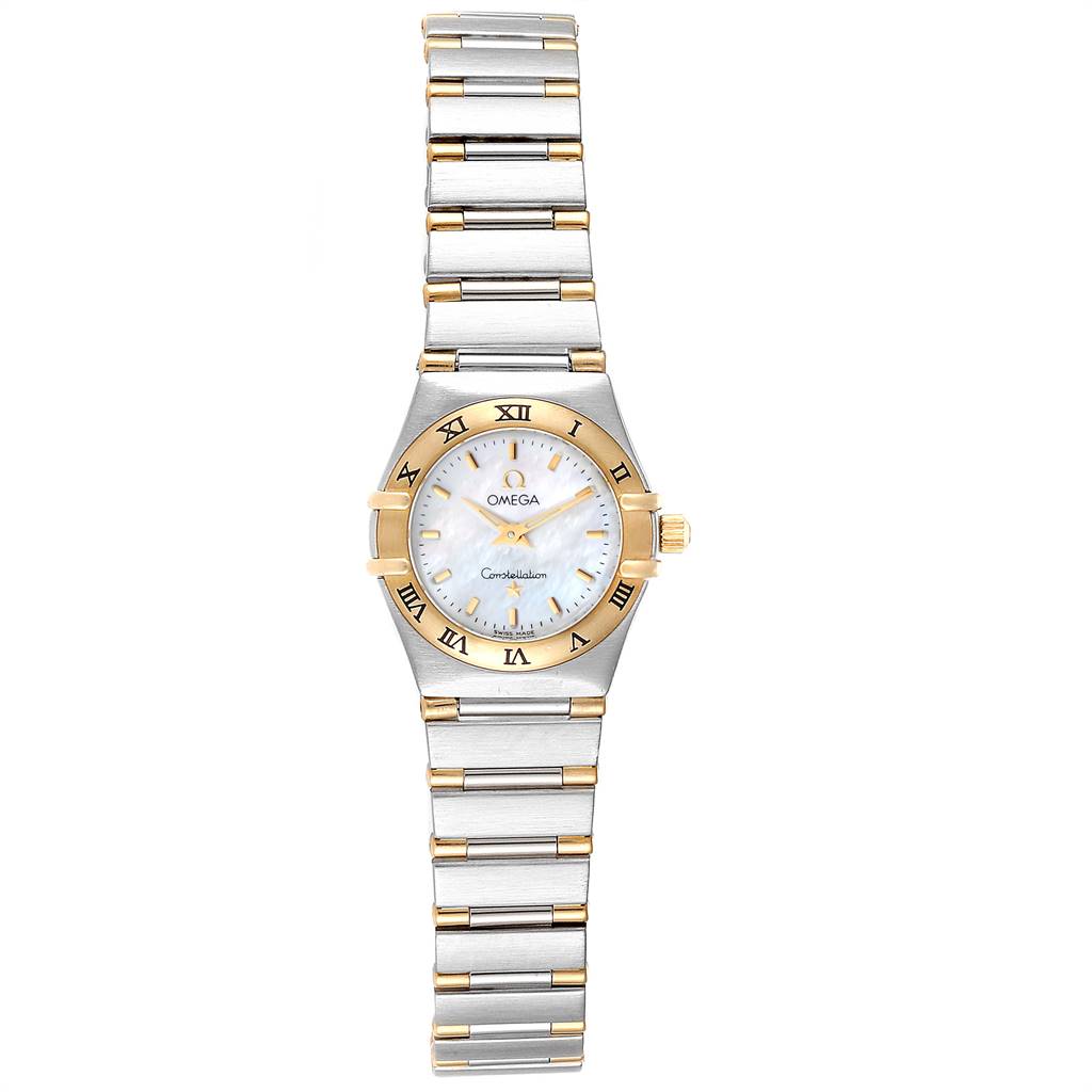 The image shows a frontal view of the Omega 1372.70.00 Women's Steel and Gold (two tone) Mother of Pearl Dial 1372.70.00 Women's Steel and Gold (two tone) Mother of Pearl Dial Constellation Steel Yellow Gold Mother of Pearl Ladies Watch.
