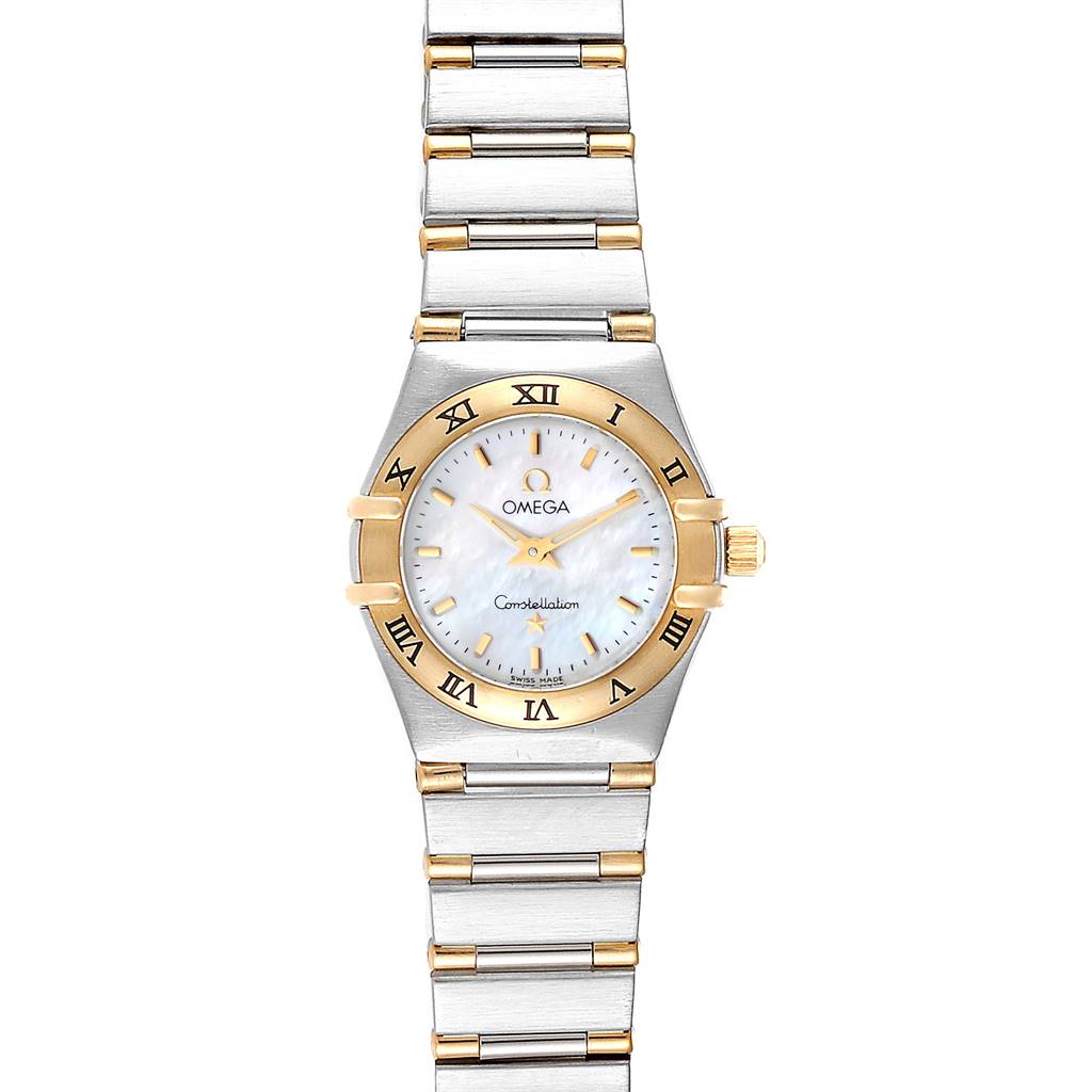 The image shows a front view of the Omega 1372.70.00 Women's Steel and Gold (two tone) Mother of Pearl Dial 1372.70.00 Women's Steel and Gold (two tone) Mother of Pearl Dial Constellation Steel Yellow Gold Mother of Pearl Ladies Watch.