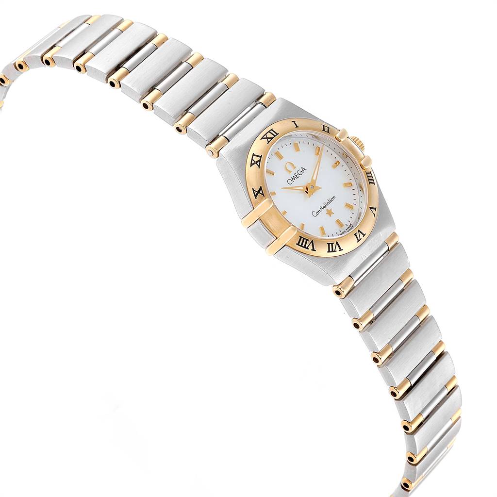 The Omega 1372.70.00 Women's Steel and Gold (two tone) Mother of Pearl Dial 1372.70.00 Women's Steel and Gold (two tone) Mother of Pearl Dial Constellation Steel Yellow Gold Mother of Pearl Ladies Watch is shown at a slight angle, highlighting the face and bracelet.