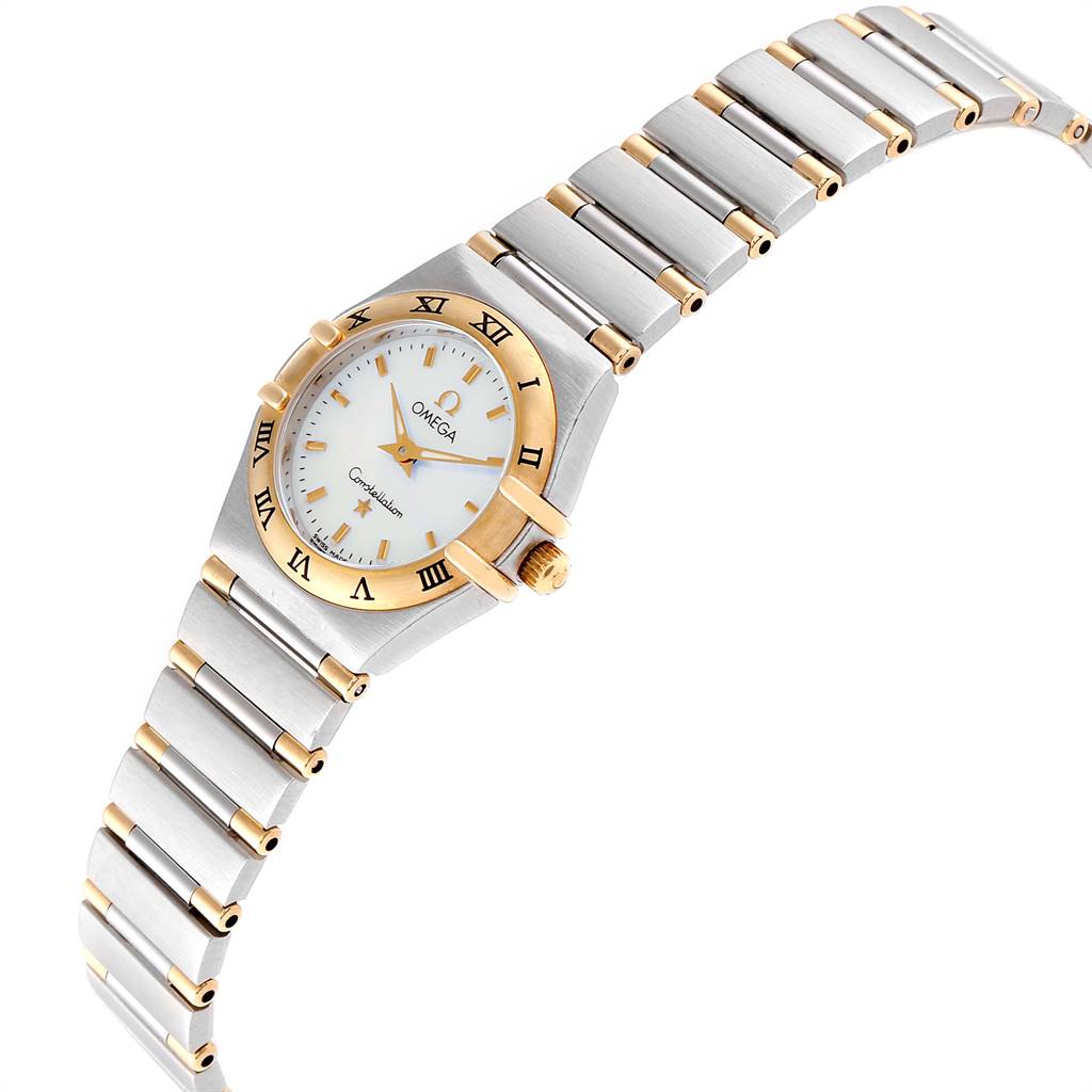 This image shows the Omega 1372.70.00 Women's Steel and Gold (two tone) Mother of Pearl Dial 1372.70.00 Women's Steel and Gold (two tone) Mother of Pearl Dial Constellation Steel Yellow Gold Mother of Pearl Ladies Watch angled to display the face and bracelet.