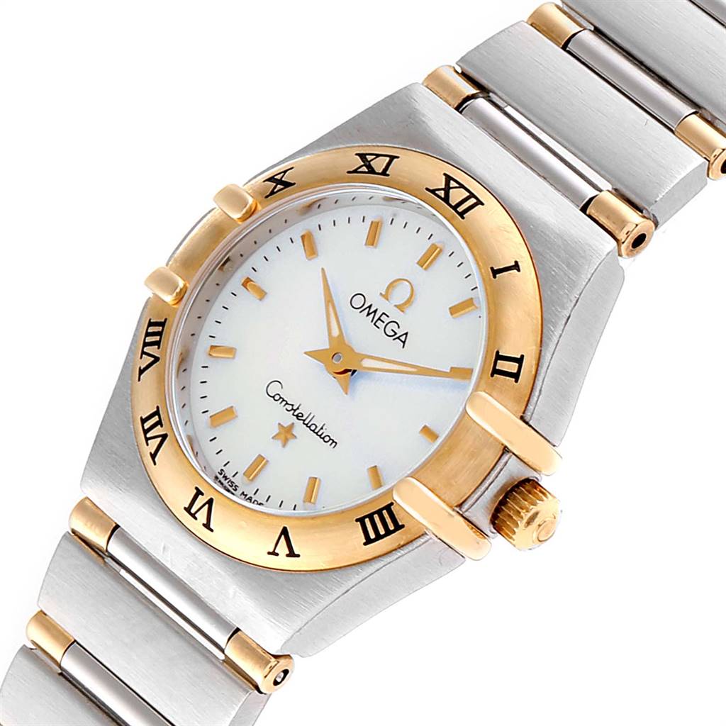 The Omega 1372.70.00 Women's Steel and Gold (two tone) Mother of Pearl Dial 1372.70.00 Women's Steel and Gold (two tone) Mother of Pearl Dial Constellation Steel Yellow Gold Mother of Pearl Ladies Watch is shown at a slight angle, highlighting its face, bezel, and bracelet.