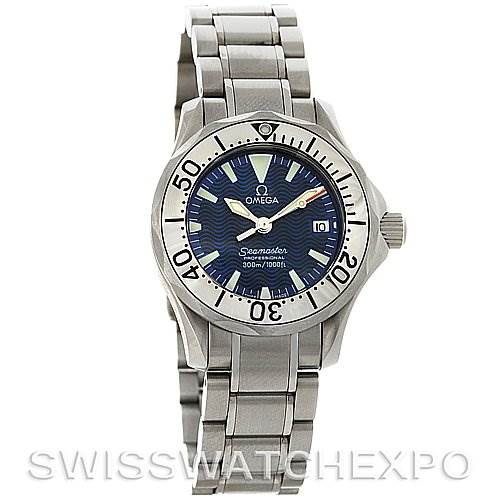 The image shows a full frontal view of the Omega 2224.80.00 Women
s Stainless Steel Blue Dial 2224.80.00 Women
s Stainless Steel Blue Dial Seamaster Steel Ladies Watch, model 2285.80.00, displaying the face and bracelet.