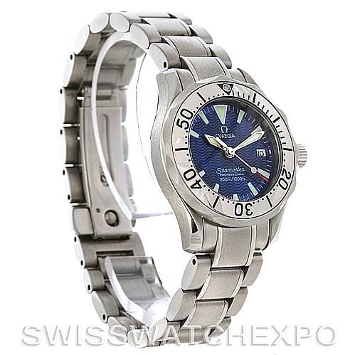 The image shows an angled side view of the Omega 2224.80.00 Women
s Stainless Steel Blue Dial 2224.80.00 Women
s Stainless Steel Blue Dial Seamaster Steel Ladies Watch 2285.80.00, displaying the dial, bezel, and bracelet.