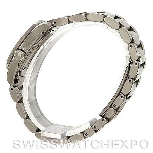 The image shows a side view of the Omega 2224.80.00 Women
s Stainless Steel Blue Dial 2224.80.00 Women
s Stainless Steel Blue Dial Seamaster Steel Ladies Watch 2285.80.00, highlighting the steel bracelet and case profile.