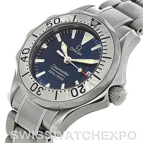 The image shows the Omega 2224.80.00 Women
s Stainless Steel Blue Dial 2224.80.00 Women
s Stainless Steel Blue Dial Seamaster Steel Ladies Watch 2285.80.00 at a slight side angle, highlighting the bezel, crown, and part of the bracelet.