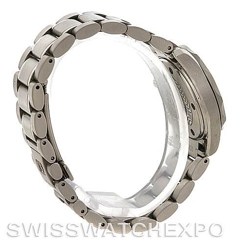 The image shows a side view of the Omega 2224.80.00 Women
s Stainless Steel Blue Dial 2224.80.00 Women
s Stainless Steel Blue Dial Seamaster Steel Ladies Watch 2285.80.00, highlighting the bracelet and case.