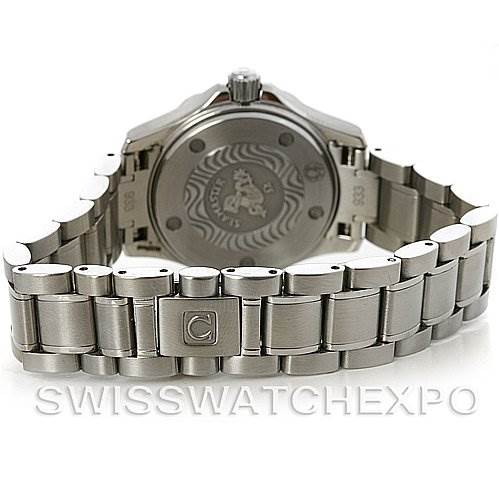The image shows the back case and bracelet of the Omega 2224.80.00 Women
s Stainless Steel Blue Dial 2224.80.00 Women
s Stainless Steel Blue Dial Seamaster Steel Ladies Watch 2285.80.00 from a rear angle.