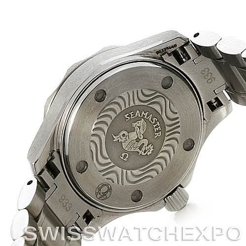 The image shows the back case and part of the bracelet of the Omega 2224.80.00 Women
s Stainless Steel Blue Dial 2224.80.00 Women
s Stainless Steel Blue Dial Seamaster Steel Ladies Watch 2285.80.00.