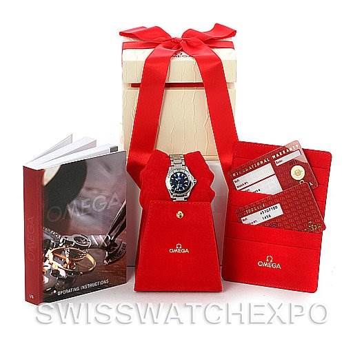The Omega 2224.80.00 Women
s Stainless Steel Blue Dial 2224.80.00 Women
s Stainless Steel Blue Dial Seamaster Steel Ladies Watch 2285.80.00 is shown with its packaging, instruction manual, and Best Quality
ity cards.