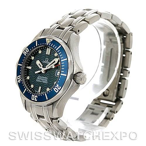 The image shows an Omega 2224.80.00 Women
s Stainless Steel Blue Dial 2224.80.00 Women
s Stainless Steel Blue Dial Seamaster Steel Ladies Watch 2224.80.00 at a three-quarter view, highlighting the face, bezel, crown, and bracelet.