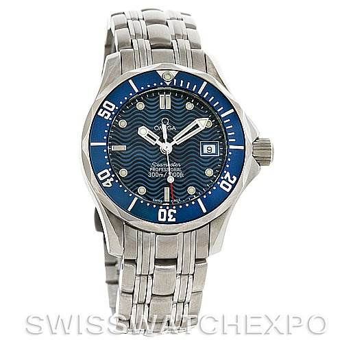 The image shows a front angle view of the Omega 2224.80.00 Women
s Stainless Steel Blue Dial 2224.80.00 Women
s Stainless Steel Blue Dial Seamaster Steel Ladies Watch model 2224.80.00, displaying its face, bezel, and bracelet.