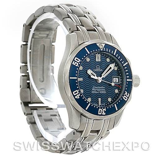 This image shows an angled front and side view of the Omega 2224.80.00 Women
s Stainless Steel Blue Dial 2224.80.00 Women
s Stainless Steel Blue Dial Seamaster Steel Ladies Watch 2224.80.00, highlighting its face and bracelet.