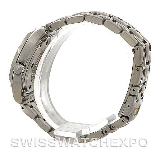 The photo shows a side view of the Omega 2224.80.00 Women
s Stainless Steel Blue Dial 2224.80.00 Women
s Stainless Steel Blue Dial Seamaster Steel Ladies Watch 2224.80.00, highlighting the bracelet and crown.