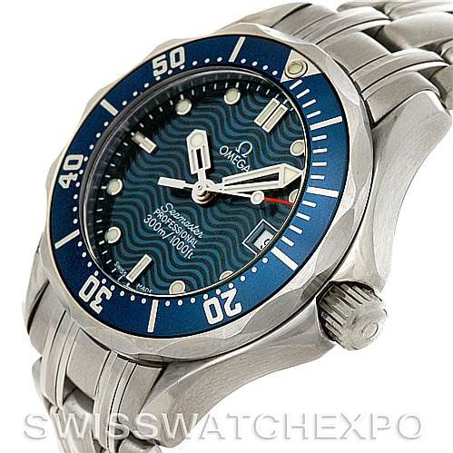 The image shows an oblique angle of the Omega 2224.80.00 Women
s Stainless Steel Blue Dial 2224.80.00 Women
s Stainless Steel Blue Dial Seamaster Steel Ladies Watch 2224.80.00, highlighting the bezel, case, dial, and part of the bracelet.