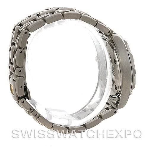 The image shows a side view of the Omega 2224.80.00 Women
s Stainless Steel Blue Dial 2224.80.00 Women
s Stainless Steel Blue Dial Seamaster Steel Ladies Watch 2224.80.00, highlighting the band and case profile.