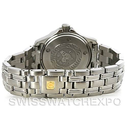 The image shows the back and bracelet of an Omega 2224.80.00 Women
s Stainless Steel Blue Dial 2224.80.00 Women
s Stainless Steel Blue Dial Seamaster Steel Ladies Watch 2224.80.00, highlighting the clasp and case back.