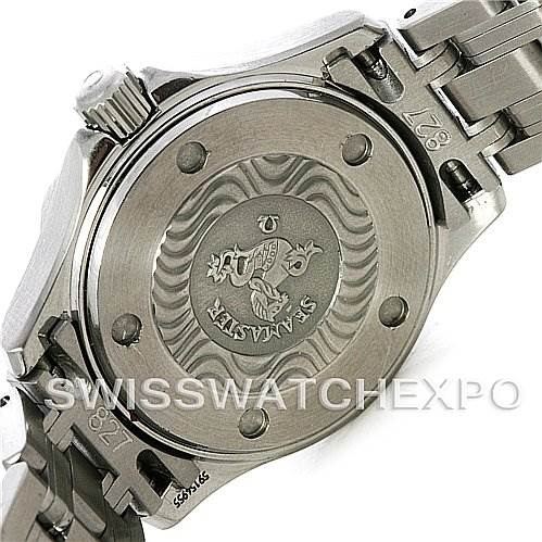 This image shows the back and side of the Omega 2224.80.00 Women
s Stainless Steel Blue Dial 2224.80.00 Women
s Stainless Steel Blue Dial Seamaster Steel Ladies Watch 2224.80.00 model.