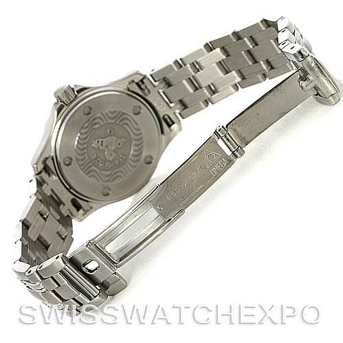 The image shows the back view and clasp of an Omega 2224.80.00 Women
s Stainless Steel Blue Dial 2224.80.00 Women
s Stainless Steel Blue Dial Seamaster Steel Ladies Watch 2224.80.00.