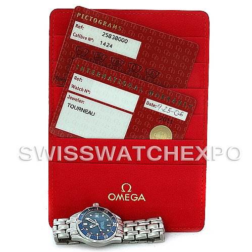The image shows an Omega 2224.80.00 Women
s Stainless Steel Blue Dial 2224.80.00 Women
s Stainless Steel Blue Dial Seamaster Steel Ladies Watch 2224.80.00 resting below two red cards on a red Omega 2224.80.00 Women
s Stainless Steel Blue Dial 2224.80.00 Women
s Stainless Steel Blue Dial pouch.