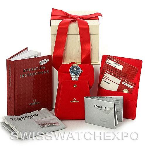 The shot shows the Omega 2224.80.00 Women
s Stainless Steel Blue Dial 2224.80.00 Women
s Stainless Steel Blue Dial Seamaster Steel Ladies Watch 2224.80.00 along with its box, operating instructions, cards, and accessories.