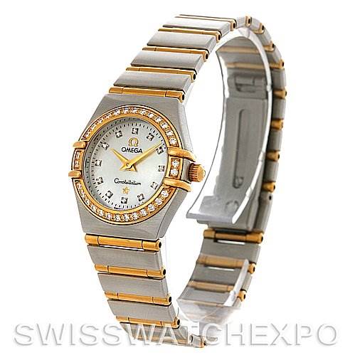 This image shows a Ladies Omega 1365.75.00 Women
s Steel and Gold (two tone) Mother of Pearl Dial 1365.75.00 Women
s Steel and Gold (two tone) Mother of Pearl Dial Constellation Diamond Mini 1365.75.00 watch angled to display its face, bracelet, and bezel.