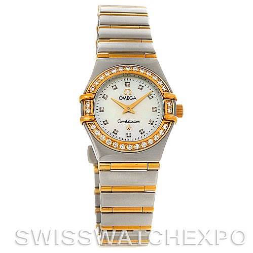 Frontal view of the Omega 1365.75.00 Women
s Steel and Gold (two tone) Mother of Pearl Dial 1365.75.00 Women
s Steel and Gold (two tone) Mother of Pearl Dial Ladies Constellation Diamond Mini 1365.75.00 model, showing the face, bezel, and bracelet.