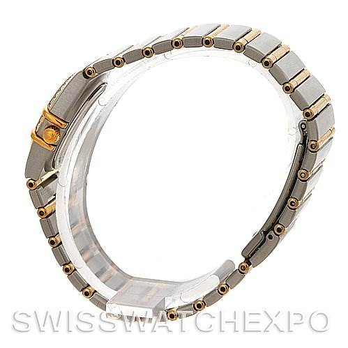 The image shows a side view of the bracelet of an Omega 1365.75.00 Women
s Steel and Gold (two tone) Mother of Pearl Dial 1365.75.00 Women
s Steel and Gold (two tone) Mother of Pearl Dial Ladies Constellation Diamond Mini 1365.75.00 watch.