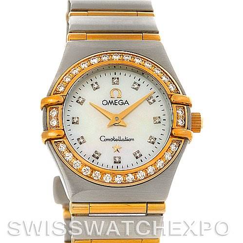 This image shows a front view of the Omega 1365.75.00 Women
s Steel and Gold (two tone) Mother of Pearl Dial 1365.75.00 Women
s Steel and Gold (two tone) Mother of Pearl Dial Ladies Constellation Diamond Mini 1365.75.00 model, displaying its diamond-accented bezel and dial.