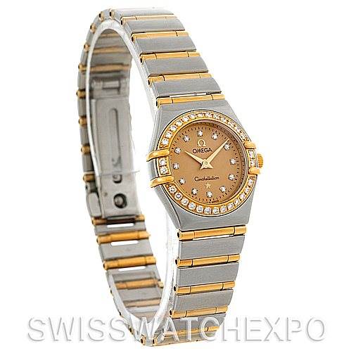 The image shows a front angled view of the Omega 1267.15.00 Women
s Steel and Gold (two tone) Champagne Dial 1267.15.00 Women
s Steel and Gold (two tone) Champagne Dial Constellation Mini Steel 18K Yellow Gold Diamond 1267.15.00 watch.
