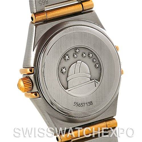 This image shows the back case and part of the bracelet of the Omega 1267.15.00 Women
s Steel and Gold (two tone) Champagne Dial 1267.15.00 Women
s Steel and Gold (two tone) Champagne Dial Constellation Mini Steel 18K Yellow Gold Diamond 1267.15.00 Watch.
