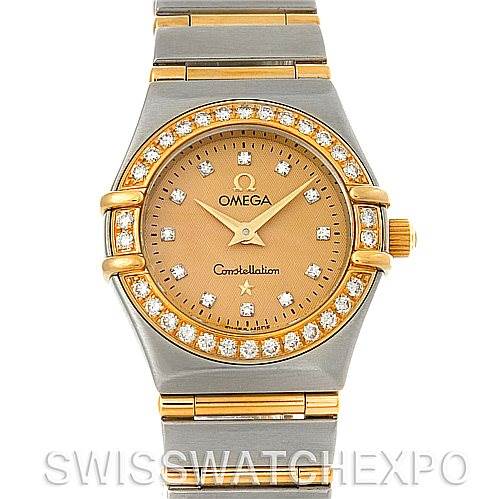 The image shows a front view of the Omega 1267.15.00 Women
s Steel and Gold (two tone) Champagne Dial 1267.15.00 Women
s Steel and Gold (two tone) Champagne Dial Constellation Mini Steel 18K Yellow Gold Diamond 1267.15.00 watch.
