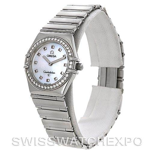 The Omega 1475.71.00 Women
s Stainless Steel Mother of Pearl Dial 1475.71.00 Women
s Stainless Steel Mother of Pearl Dial Constellation My Choice Ladies Quartz Small Watch 1475.71.00 is shown at a three-quarter angle, highlighting its face, bezel, and bracelet.