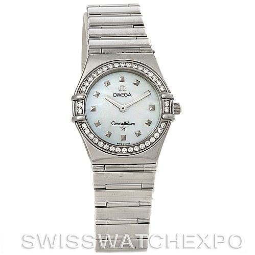 This image shows a frontal view of the Omega 1475.71.00 Women
s Stainless Steel Mother of Pearl Dial 1475.71.00 Women
s Stainless Steel Mother of Pearl Dial Constellation My Choice Ladies Quartz Small Watch 1475.71.00, highlighting its face and stainless steel band.