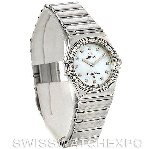 The image shows the Omega 1475.71.00 Women
s Stainless Steel Mother of Pearl Dial 1475.71.00 Women
s Stainless Steel Mother of Pearl Dial Constellation My Choice Ladies Quartz Small Watch 1475.71.00 from an angled side view, displaying its face, bezel, and bracelet.