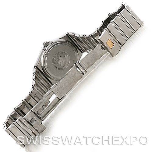 This image shows the back view of the Omega 1475.71.00 Women
s Stainless Steel Mother of Pearl Dial 1475.71.00 Women
s Stainless Steel Mother of Pearl Dial Constellation My Choice Ladies Quartz Small Watch 1475.71.00, highlighting the clasp and bracelet.