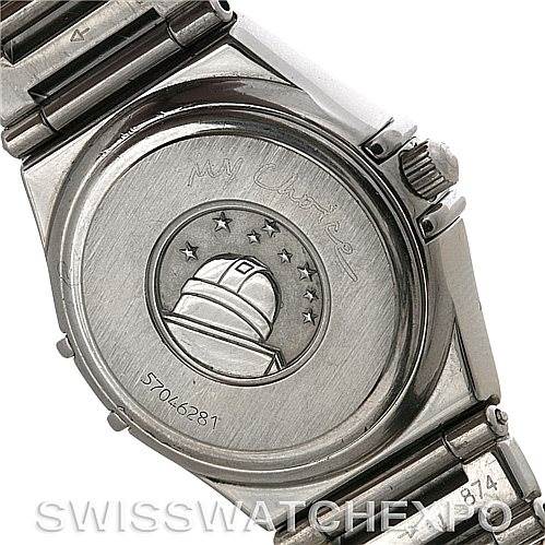 The image shows the back case of the Omega 1475.71.00 Women
s Stainless Steel Mother of Pearl Dial 1475.71.00 Women
s Stainless Steel Mother of Pearl Dial Constellation My Choice Ladies Quartz Small Watch 1475.71.00, featuring an observatory engraving.