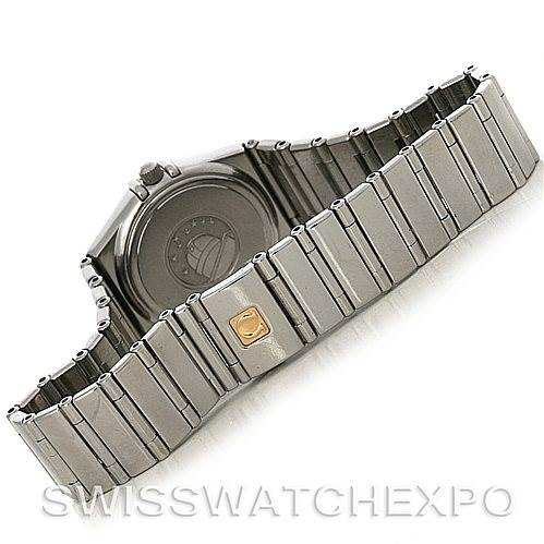 The image shows the back and band of the Omega 1475.71.00 Women
s Stainless Steel Mother of Pearl Dial 1475.71.00 Women
s Stainless Steel Mother of Pearl Dial Constellation My Choice Ladies Quartz Small Watch 1475.71.00 at an angled view.