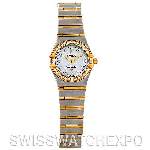 This is a front view of the Omega 1365.75.00 Women
s Steel and Gold (two tone) Mother of Pearl Dial 1365.75.00 Women
s Steel and Gold (two tone) Mother of Pearl Dial Constellation My Choice Steel Gold Diamond Mini 1365.75.00 watch, showing the face, bezel, and bracelet.