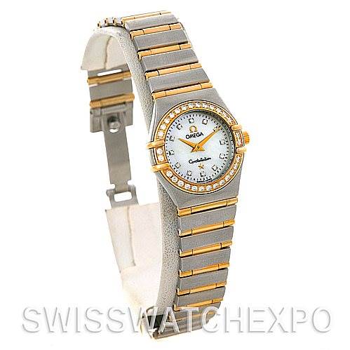 This Omega 1365.75.00 Women
s Steel and Gold (two tone) Mother of Pearl Dial 1365.75.00 Women
s Steel and Gold (two tone) Mother of Pearl Dial Constellation My Choice Steel Gold Diamond Mini 1365.75.00 watch is shown at a slight angle, displaying its entire bracelet and face.