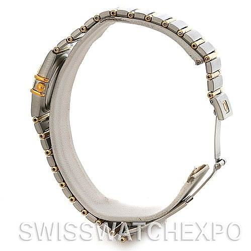 The image shows a side view of the Omega 1365.75.00 Women
s Steel and Gold (two tone) Mother of Pearl Dial 1365.75.00 Women
s Steel and Gold (two tone) Mother of Pearl Dial Constellation My Choice Steel Gold Diamond Mini 1365.75.00 watch, focusing on its bracelet and clasp.